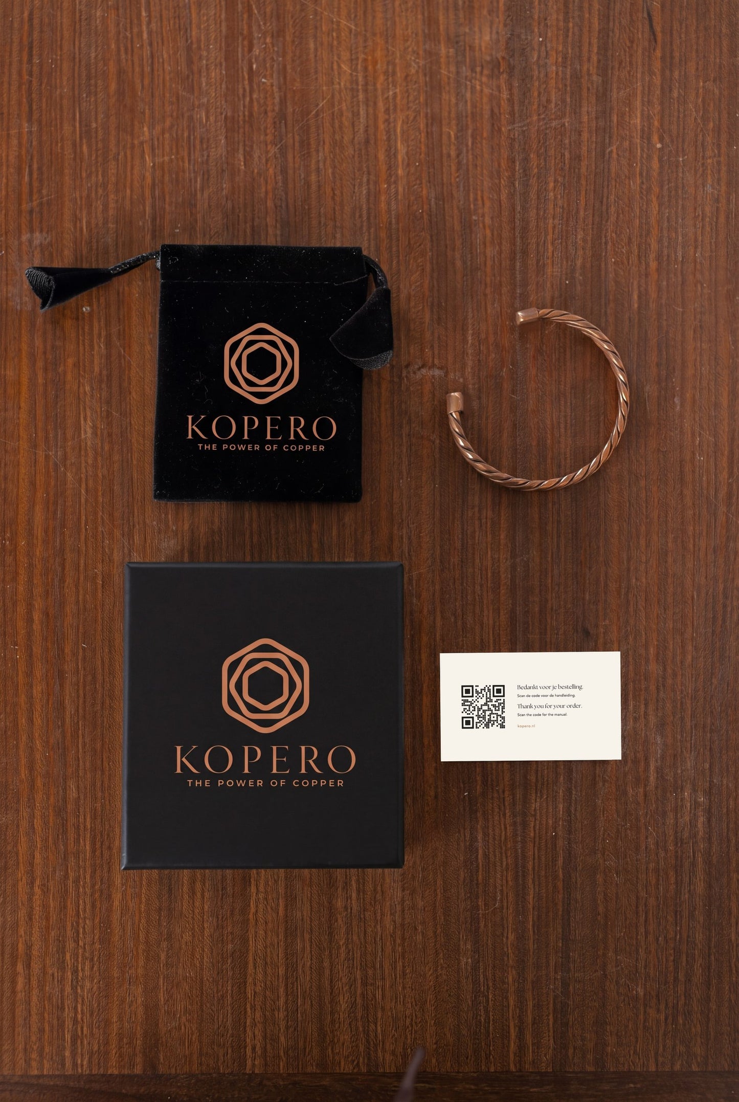Kopero Pulseira de Cobre Trançada com saco de veludo, caixa de presente e cartão de agradecimento