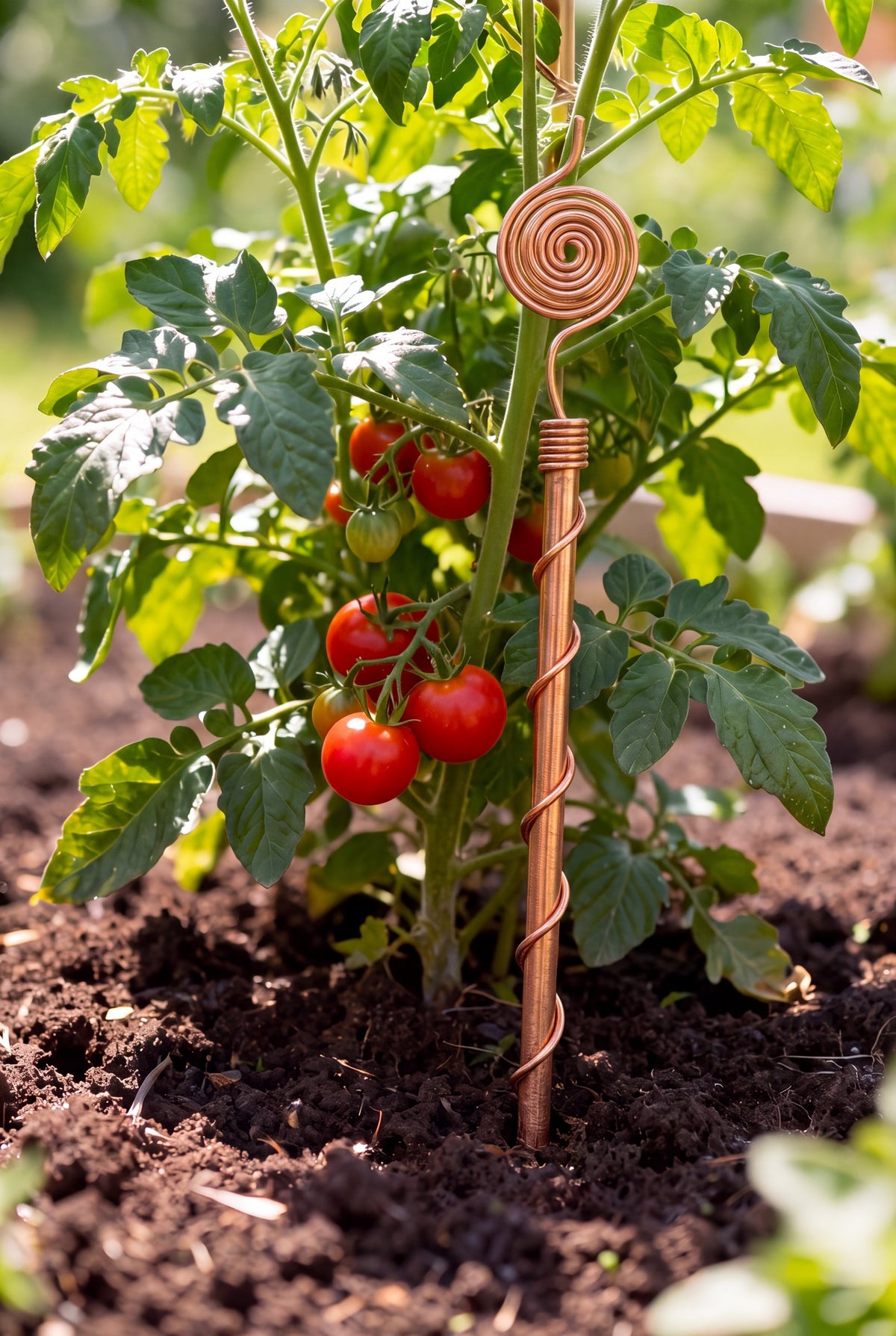 Antena de cobre Kopero Eletrocultura 30 cm junto a um tomateiro na horta