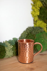 Kopero Caneca de Cobre Martelada em frente a um quadro de musgo, sobre uma prateleira de pinho