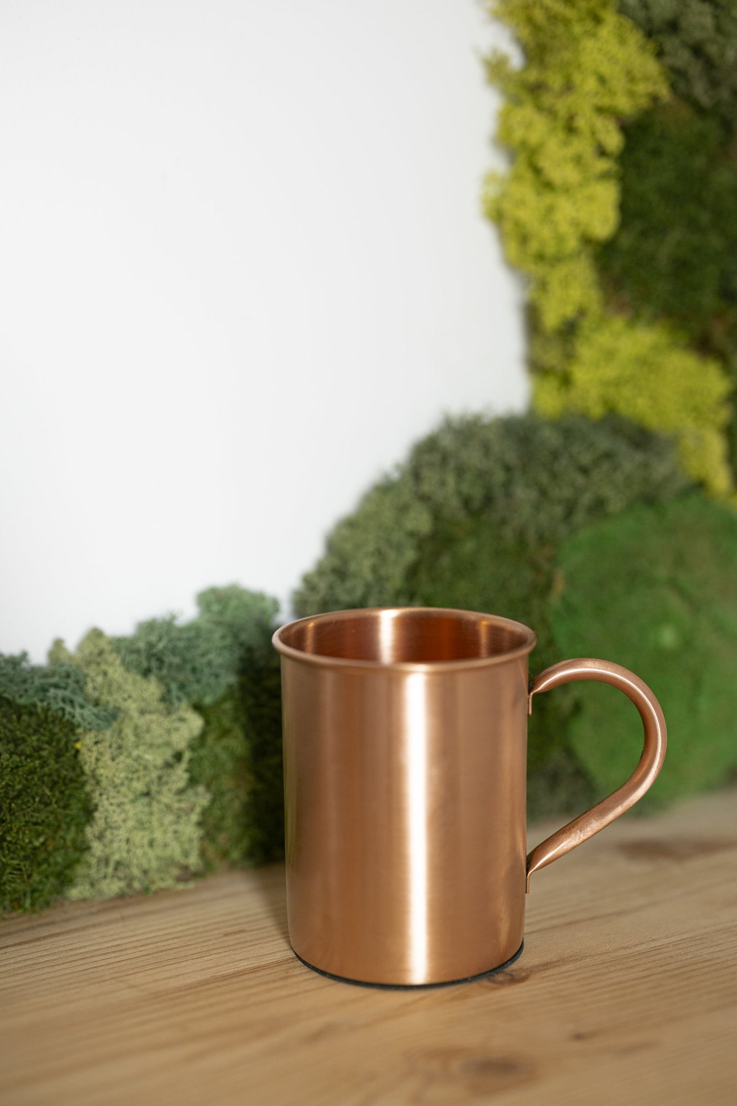 Kopero Caneca de Cobre Lisa em frente a um quadro de musgo, sobre uma prateleira de pinho
