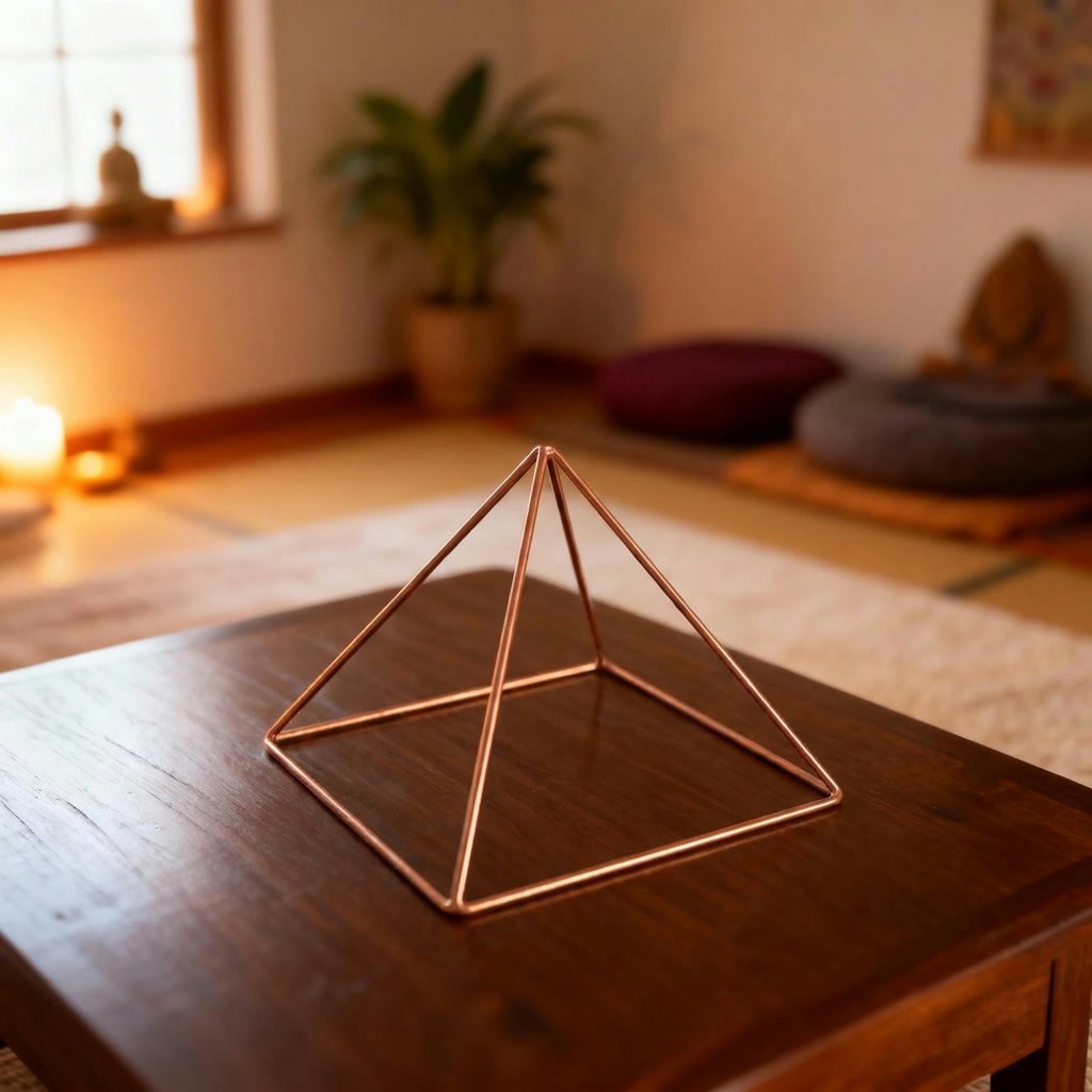 Kopero Pirâmide Energizadora de Cobre Liso Pequena (14,56 cm) numa mesa de centro numa sala de meditação